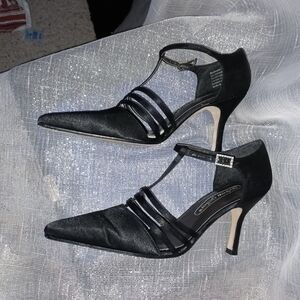 Andrew Geller Black Satin Pointed T-Strap Heels